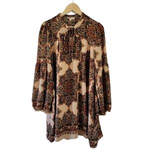 Anthropologie Entro Brown/Tan Paisley Sheath Dress Sz S LS Boho Academia Coastal